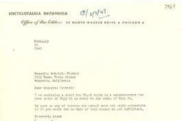 [Carta] 1947 Feb. 20, Chicago, [EE.UU.] [a] Gabriela Mistral, Monrovia, California, [EE.UU.]