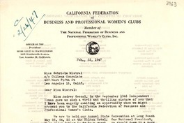 [Carta] 1947 feb. 22, Los Angeles, California [a] Gabriela Mistral, Los Angeles, California