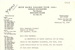 [Carta] 1947 feb. 26, Bryn Mawr, Pennsylvania [a] Gabriela Mistral, Los Angeles, California