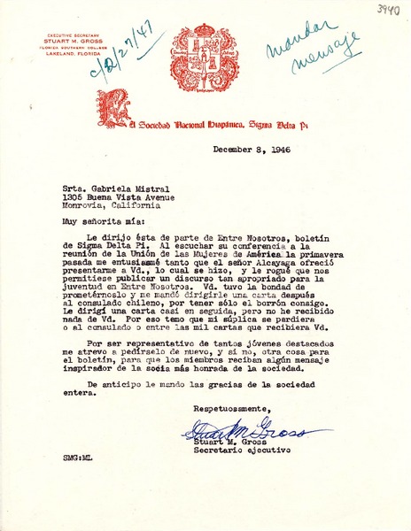 [Carta] 1946 dic. 8, Lakeland, Florida [a] Gabriela Mistral, Monrovia, California