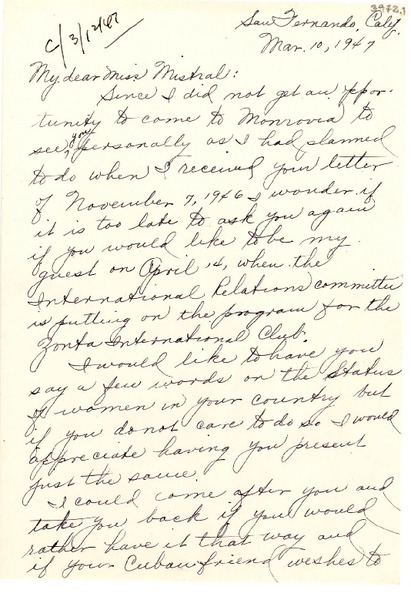 [Carta] 1947 mar. 10, San Fernando, California [a] Gabriela Mistral