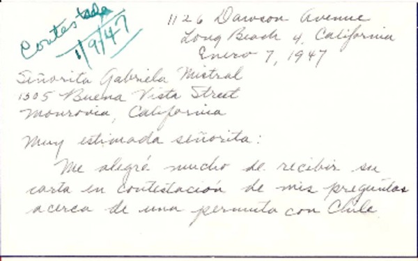 [Carta] 1947 ene. 7, Long Beach, California [a] Gabriela Mistral, Monrovia, California