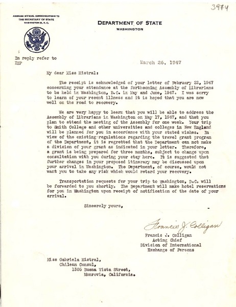 [Carta] 1947 mar. 26, Washington [a] Gabriela Mistral