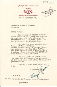 [Carta] [1947], Hollywood [a] Gabriela Mistral, Monrovia