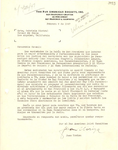 [Carta] 1947 feb. 9, San Francisco, California [a] Gabriela Mistral, Los Ángeles, California
