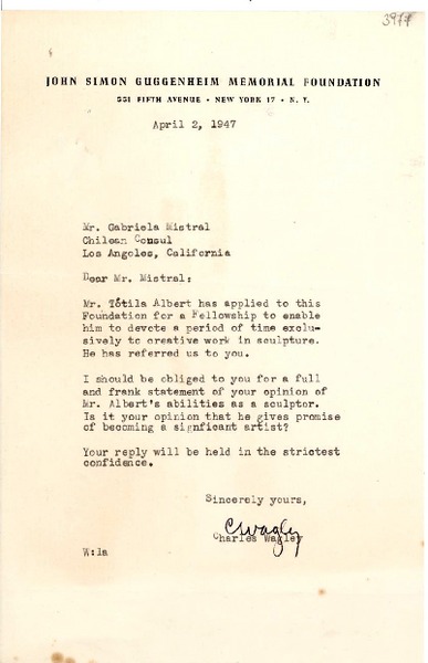 [Carta] 1947 abr. 2, New York [a] Gabriela Mistral, Los Ángeles, California