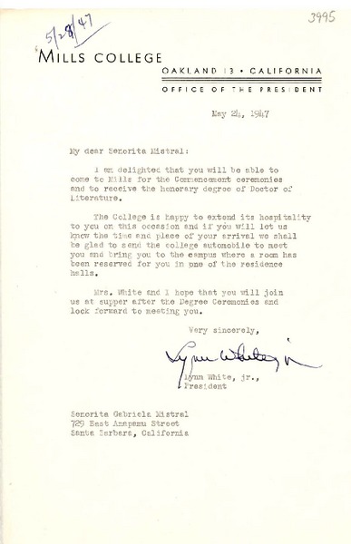 [Carta] 1947 mayo 24, Oakland, California [a] Gabriela Mistral, Santa Bárbara, California
