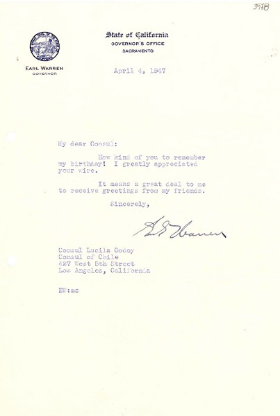 [Carta] 1947 abr. 4, Sacramento, California, [Estados Unidos] [a] Lucila Godoy, Los Ángeles, California