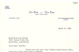 [Carta] 1947 abr. 8, Arcadia, [California] [a] Consuelo Saleva, Monrovia, California