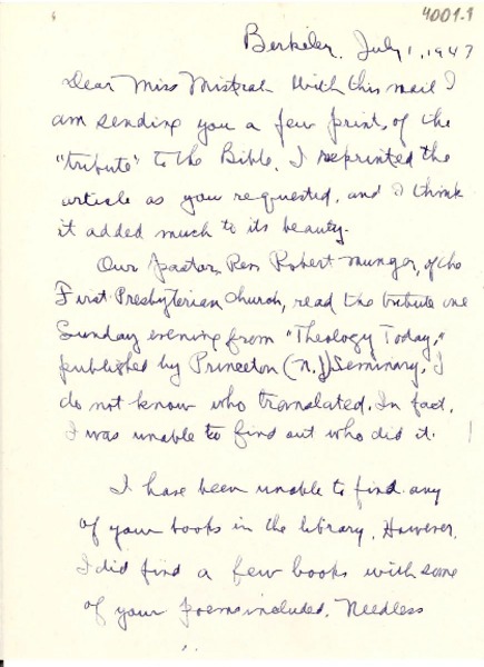 [Carta] 1947 jul. 1, Berkeley [a] Gabriela Mistral