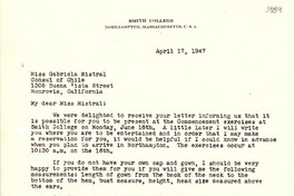 [Carta] 1947 abr. 17, Northampton, Massachusetts [a] Gabriela Mistral, Monrovia, California