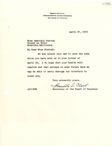 [Carta] 1947 abr. 247, Northampton, Massachusetts [a] Gabriela Mistral, Monrovia, California