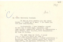 [Carta] [1947 nov.?], [EE.UU.] [a] Gabriella [i.e. Gabriela] Mistral