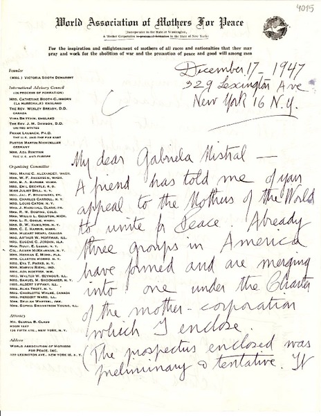 [Carta] 1947 dic. 17, New York [a] Gabriela Mistral