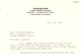 [Carta] 1948 feb. 23, Los Angeles, California [a] Gabriela Mistral, Santa Bárbara, California