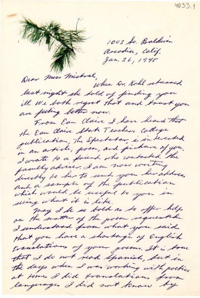 [Carta] 1948 ene. 26, Arcadia, California [a] Gabriela Mistral