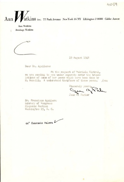[Carta] 1948 ago. 19, New York [a] Francisco Aguilera, Washington D. C