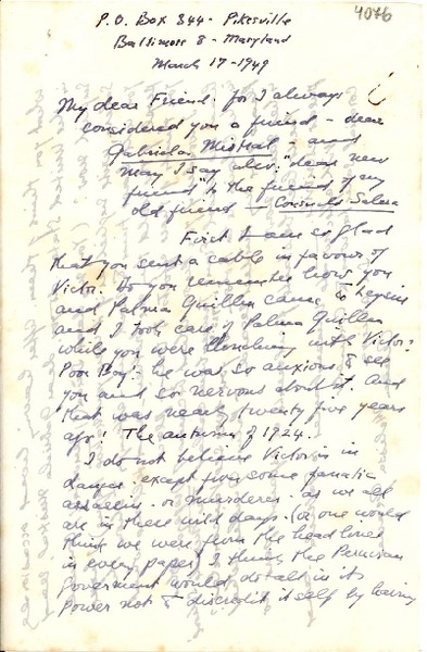 [Carta] 1949 mar. 17, Baltimore, Maryland [a] Gabriela Mistral