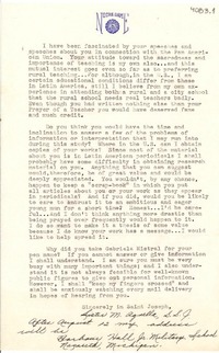 [Carta] 1949 ago. 3, Nazareth, Michigan, [EE.UU.] [a] Gabriela [Mistral], Santa Bárbara, California, [EE.UU.]