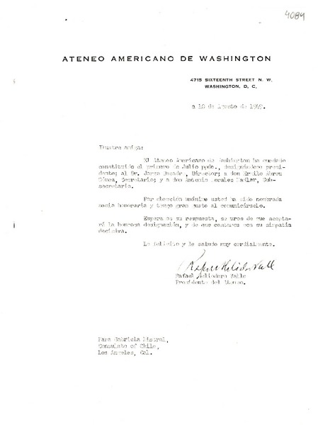[Carta] 1949 ago. 10, [Washington D. C.] [a] Gabriela Mistral, Los Angeles, California