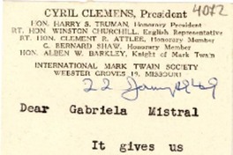 [Tarjeta] 1949 ene. 22, Webster Groves, Missouri [a] Gabriela Mistral