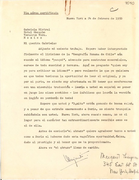 [Carta] 1950 feb. 24, Nueva York, [E.E.U.U.] [a] Gabriela Mistral, Hotel Mocambo, Veracruz, México