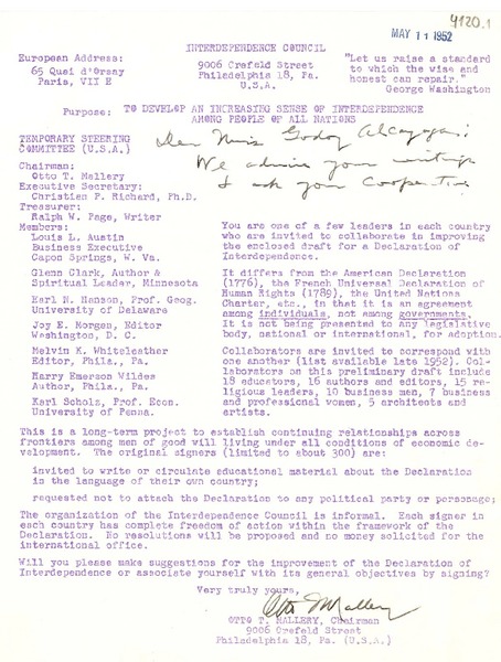 [Carta] 1952 mayo 11, Philadelphia, [E.E.U.U.] [a] Godoy Alcayaga