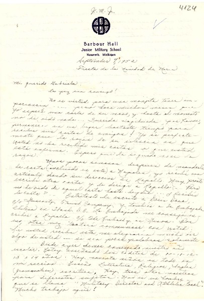 [Carta] 1952 sept. 7, Nazareth, Michigan, [EE.UU.] [a] Gabriela [Mistral]