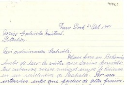 [Carta] 1951 oct. 31, New York [a] Gabriela Mistral, Italia