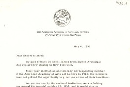 [Carta] 1953 mayo 4, [New York] [a] Gabriela Mistral, New York