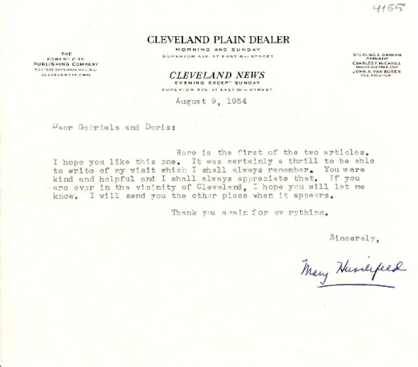[Carta] 1954 ago. 9, Cleveland, Ohio, [E.E.U.U.] [a] Gabriela [Mistral] y Doris [Dana]