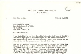 [Carta] 1954 nov. 9, Oxford, Ohio, [E.E.U.U.] [a] Gabriela Mistral, New York, [E.E.U.U.]