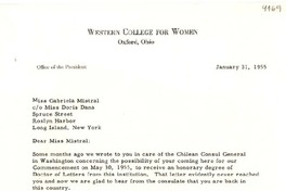 [Carta] 1955 jan. 31, [Oxford, Ohio] [a] [Gabriela] Mistral, co Doris Dana, Long Island, New York