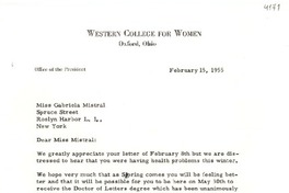 [Carta] 1955 feb. 15, [Oxford, Ohio] [a] Gabriela Mistral