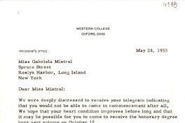 [Carta] 1955 mayo 24, Oxford, Ohio [a] Gabriela Mistral, Long Island, New York