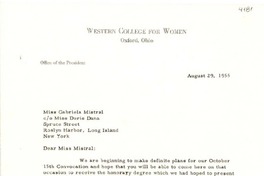 [Carta] 1955 ago. 29, Oxford, Ohio [a] Gabriela Mistral, New York