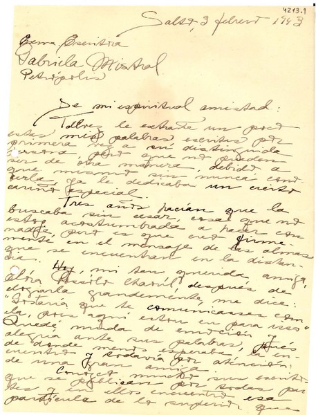 [Carta] 1943 feb. 3, Salto, Uruguay [a] Gabriela Mistral, Petrópolis, [Brasil]