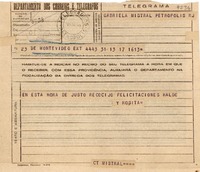 [Telegrama] 1945 nov. 18, Montevideo, [Uruguay] [a] Gabriela Mistral, Petrópolis, RJ, [Brasil]