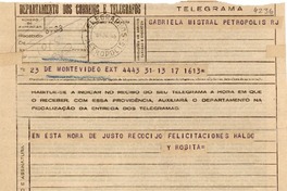 [Telegrama] 1945 nov. 18, Montevideo, [Uruguay] [a] Gabriela Mistral, Petrópolis, RJ, [Brasil]