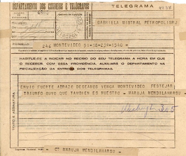 [Telegrama] 1945 nov. 23, Montevideo, [Uruguay] [a] Gabriela Mistral, Petrópolis, RJ, [Brasil]