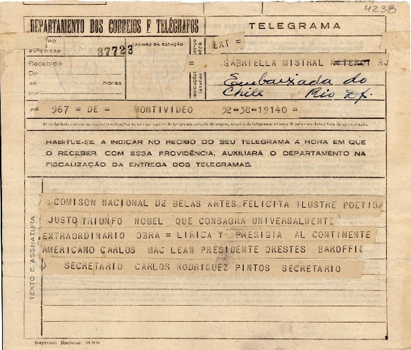 [Telegrama] 1945 nov. 19, Montevideo, Uruguay [a] Gabriela Mistral, Río de Janeiro, Brasil