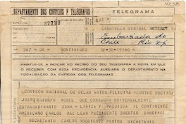 [Telegrama] 1945 nov. 19, Montevideo, Uruguay [a] Gabriela Mistral, Río de Janeiro, Brasil