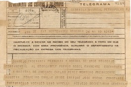 [Telegrama] 1945 nov. 15, Montevideo, Uruguay [a] Gabriela Mistral, Petrópolis, Brasil