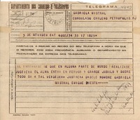 [Telegrama] 1945 nov. 17, Montevideo, Uruguay [a] Gabriela Mistral, Petrópolis, Brasil