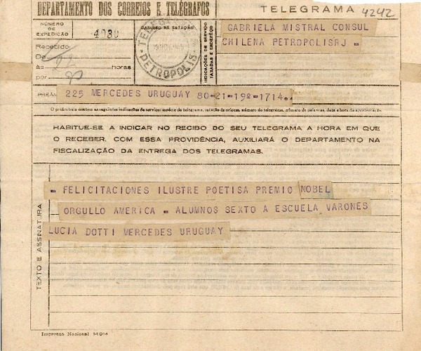 [Telegrama] 1945 nov. 19, Mercedes, Uruguay [a] Gabriela Mistral, Petrópolis, Brasil