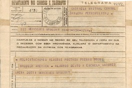 [Telegrama] 1945 nov. 19, Mercedes, Uruguay [a] Gabriela Mistral, Petrópolis, Brasil