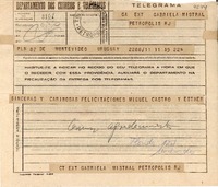 [Telegrama] 1945 nov. 15, Montevideo, Uruguay [a] Gabriela Mistral, Petrópolis, RJ, [Brasil]