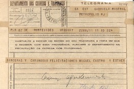 [Telegrama] 1945 nov. 15, Montevideo, Uruguay [a] Gabriela Mistral, Petrópolis, RJ, [Brasil]