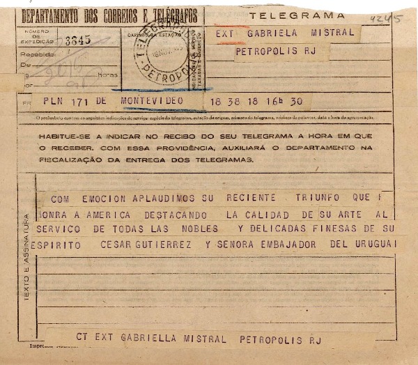 [Telegrama] 1945 nov. 18, Montevideo, Uruguay [a] Gabriela Mistral, Petrópolis, Brasil