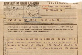 [Telegrama] 1945 nov. 18, Montevideo, Uruguay [a] Gabriela Mistral, Petrópolis, Brasil